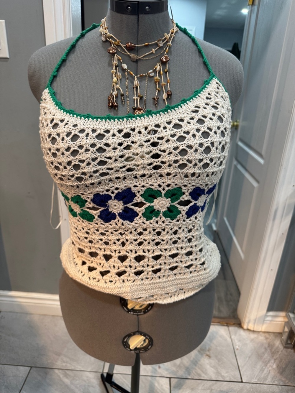 Free People Cream Crochet Halter with Blue & Green Floral Band
